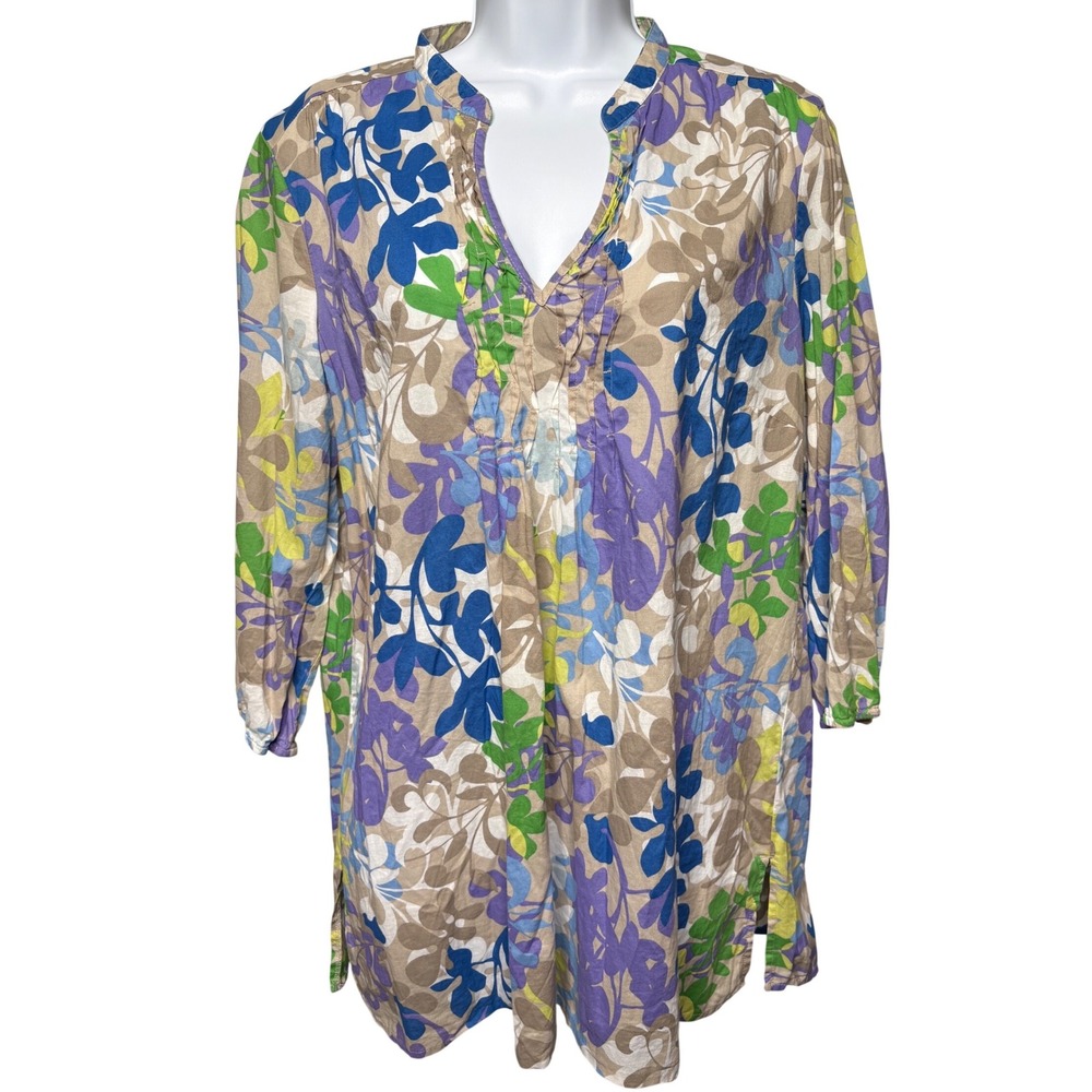 OLD NAVY Womens Tan Floral Split Neck Tunic Top Sz L Boho Flowy Lightweight Airy